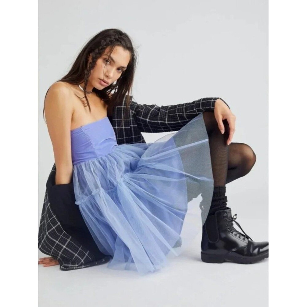 Free People Theo Puff Mini Dress Periwinkle Strapless Tulle Coquette Party S - Picture 2 of 10